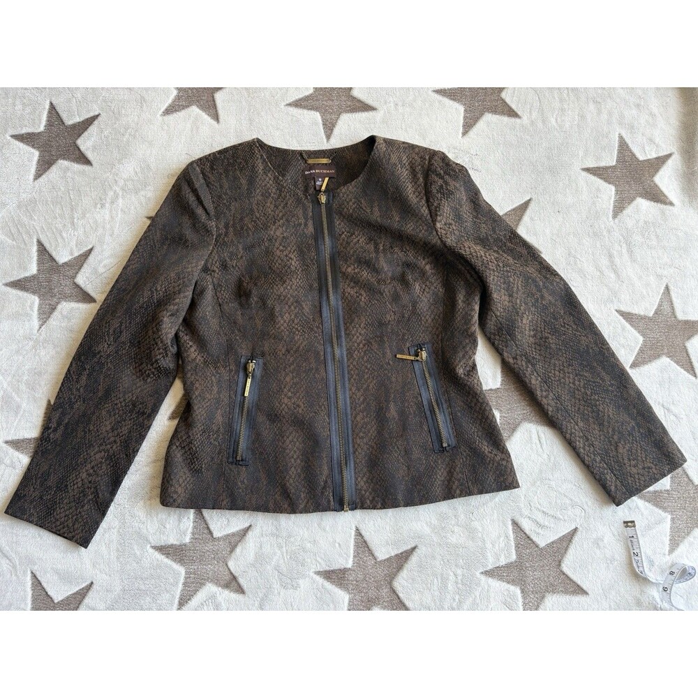 Dana Buchman😁Blazer Womens 10 Brown Snakeskin Zip Up Jacket Office Professional